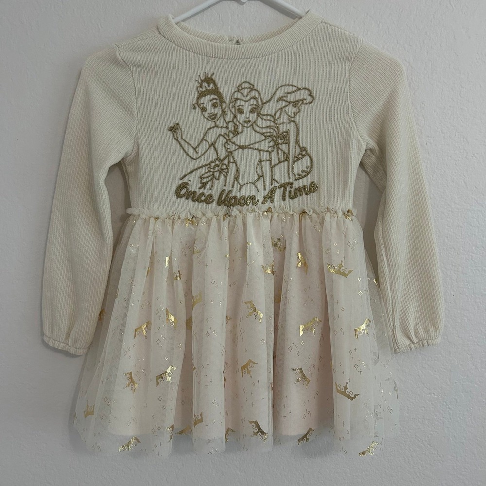 Disney Princesses Girls Sweater Tutu Dress Cream & Gold Size 4-5 XS